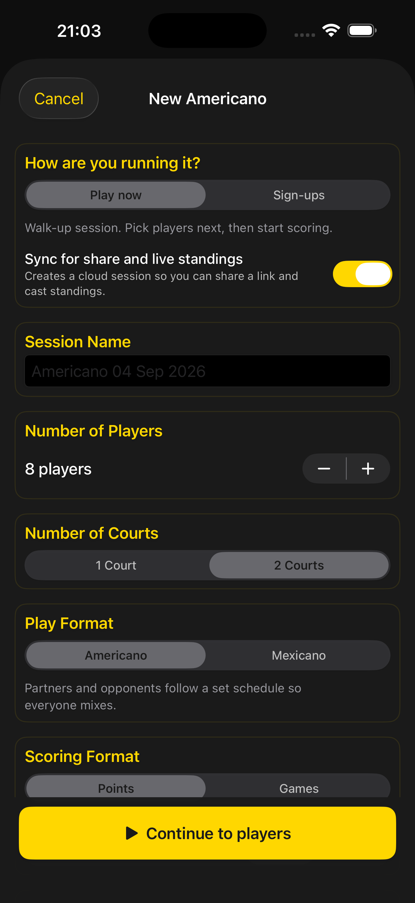 New Americano setup with player stepper, two courts, Americano or Mexicano format and sync for share and live standings