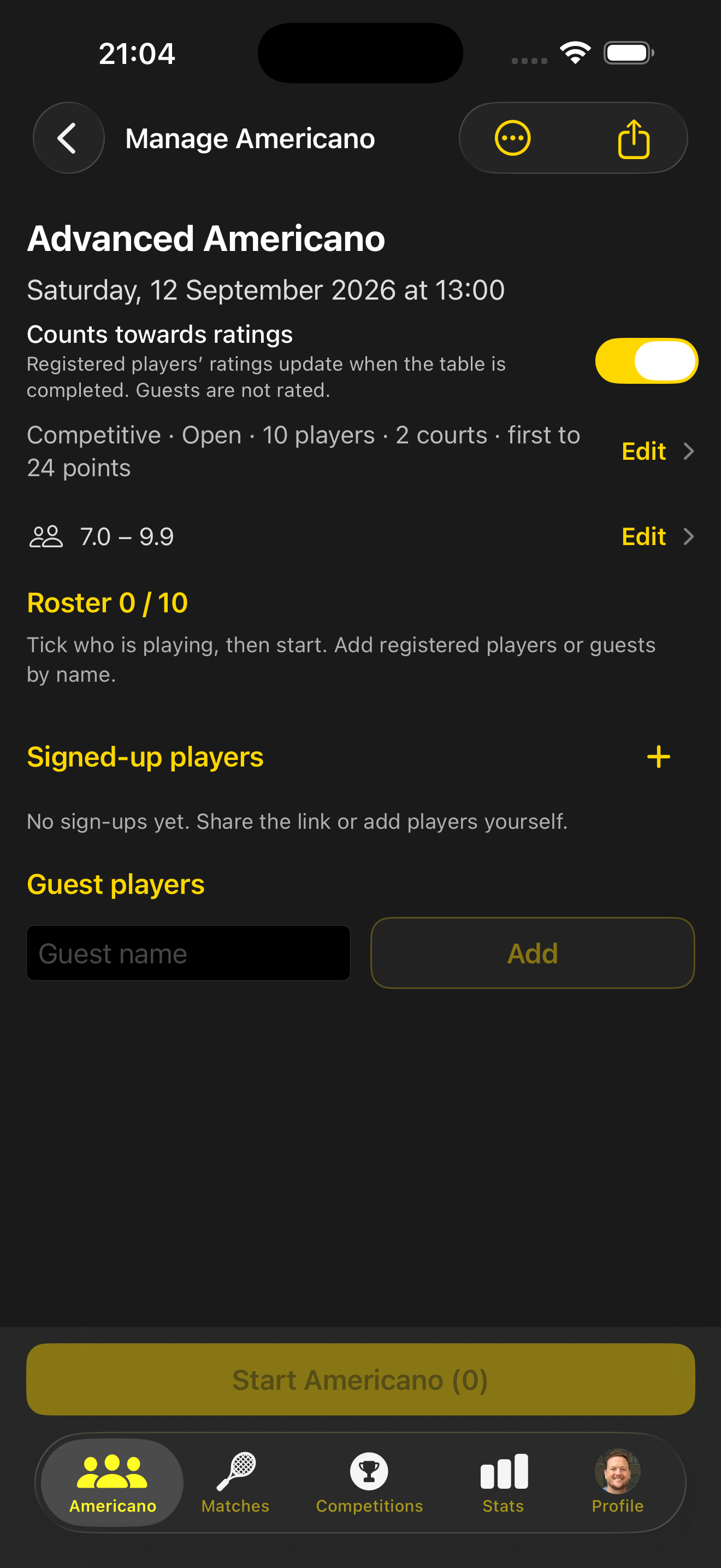 Manage Americano sign-ups with an empty roster, guest name field and Start Americano button