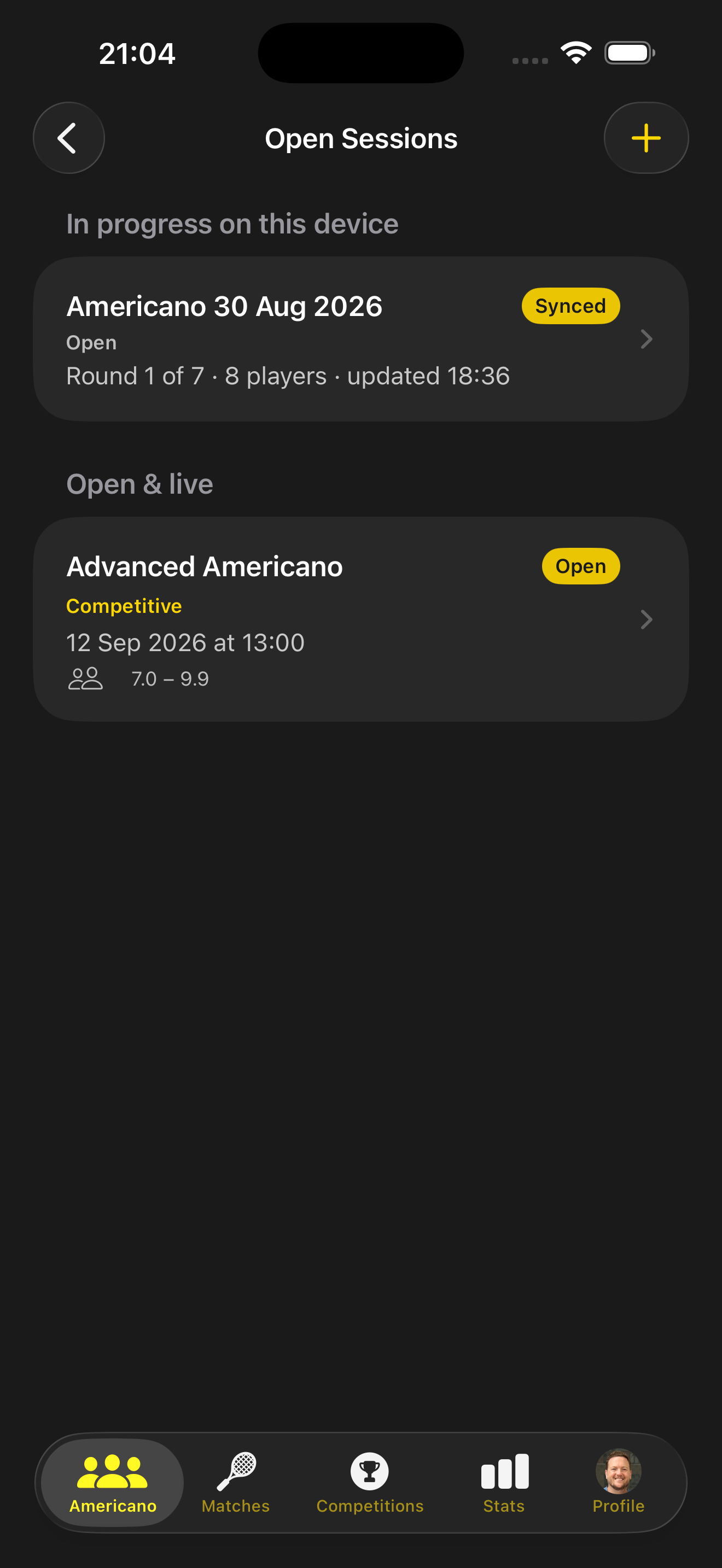 Open Sessions list in the Americano tab, with in-progress and upcoming club sessions