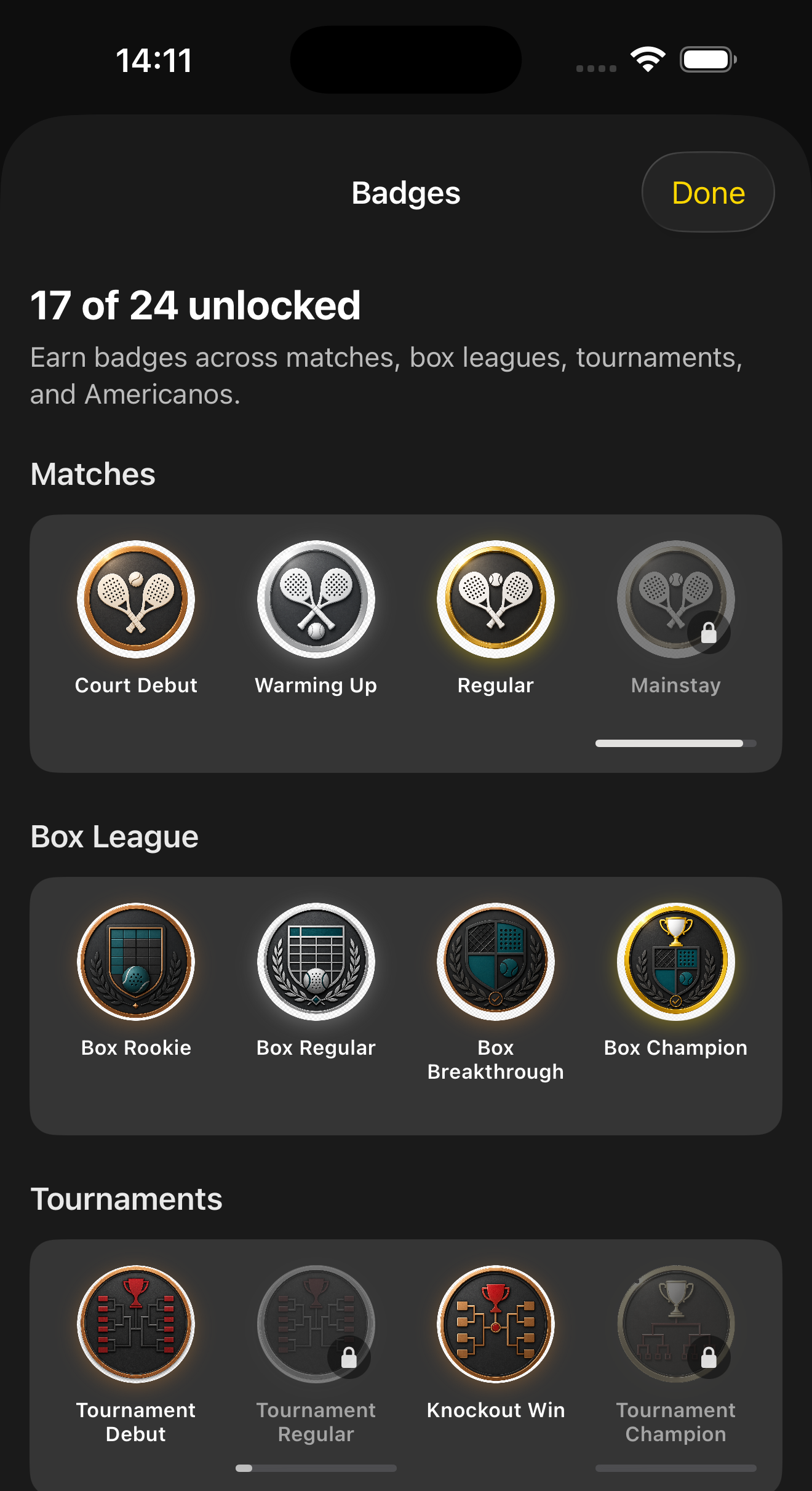 Badges gallery for matches, box league and tournaments
