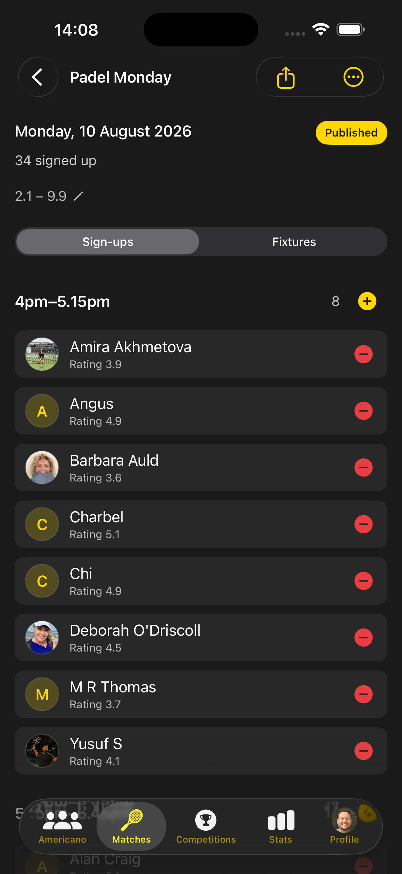 Social sign-ups by time slot with player ratings