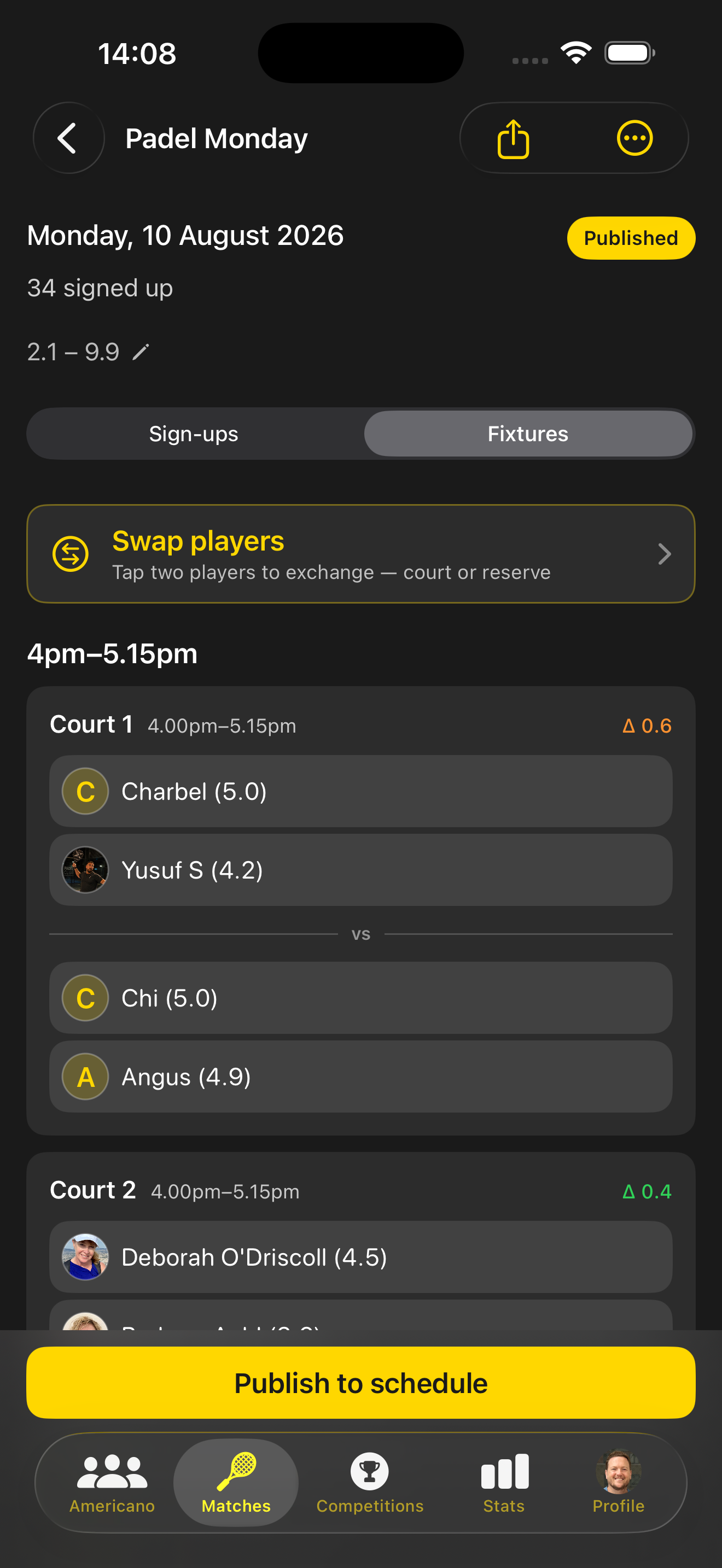 Club Socials fixtures with court pairings ready to publish