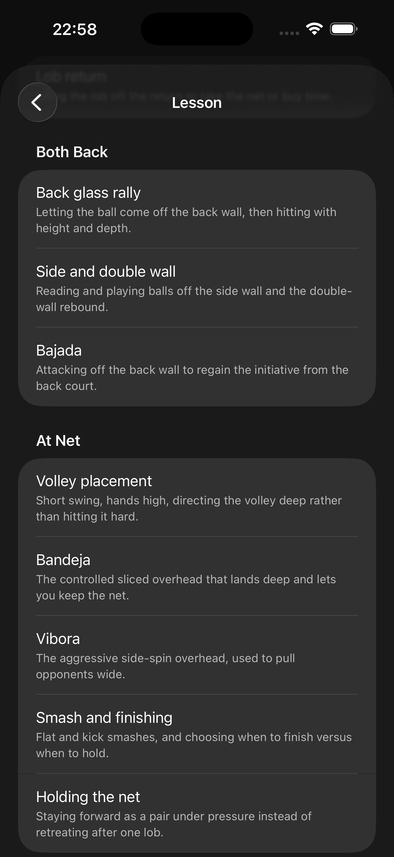 Lesson picker with Band training levels and skill groups such as At Net