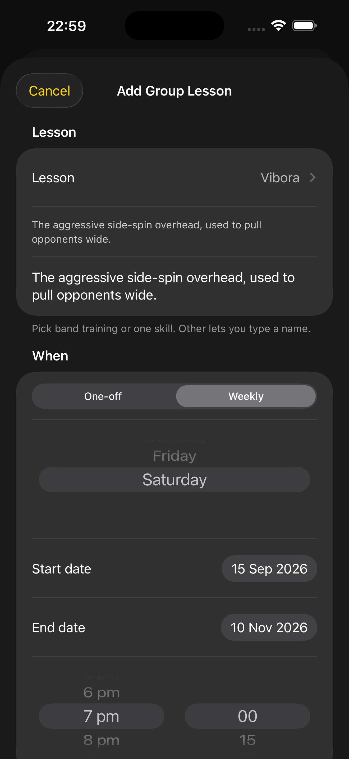Add Group Lesson When section with Weekly selected, day of week and series start and end dates