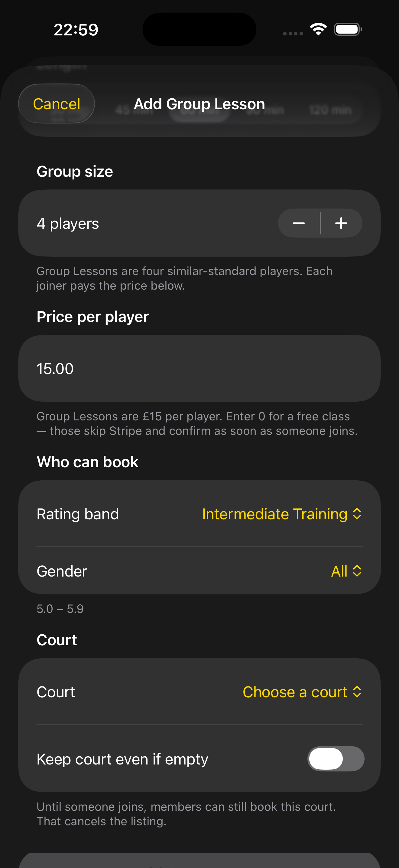 Add Group Lesson with four players, a rating band and gender options for who can book