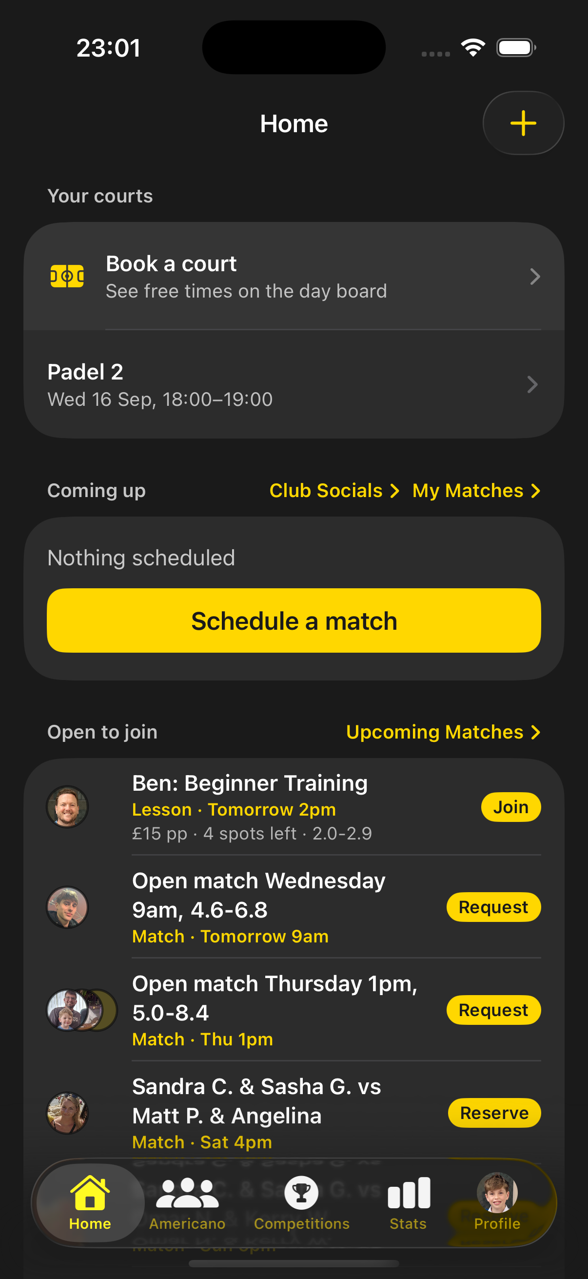 Club Home showing Group Lessons this week that members can book