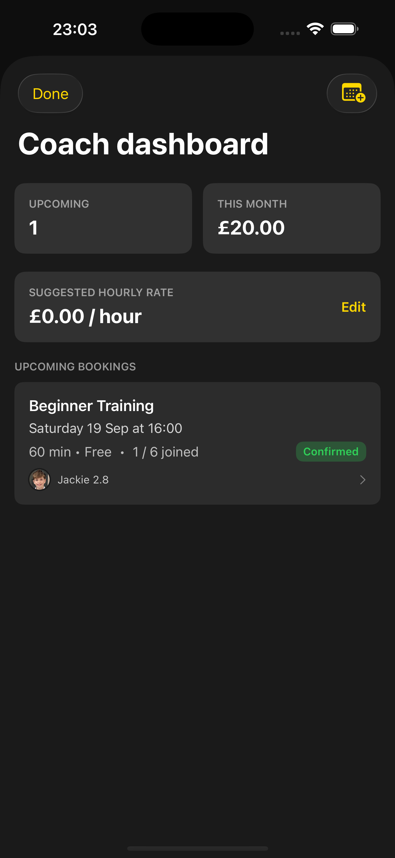 Coach dashboard with upcoming Group Lessons, spots and a suggested hourly rate