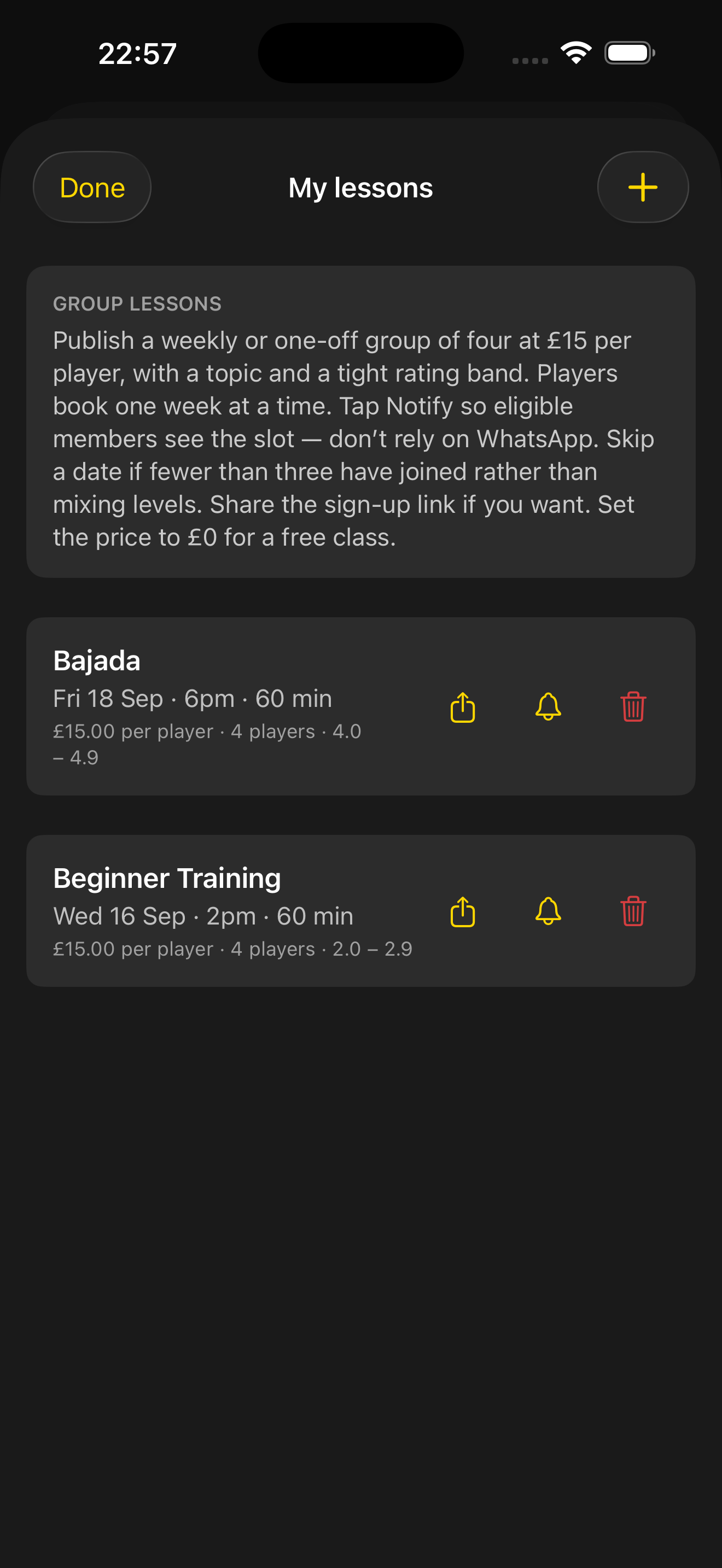Coach My lessons list with weekly Group Lessons, price, group size and rating eligibility