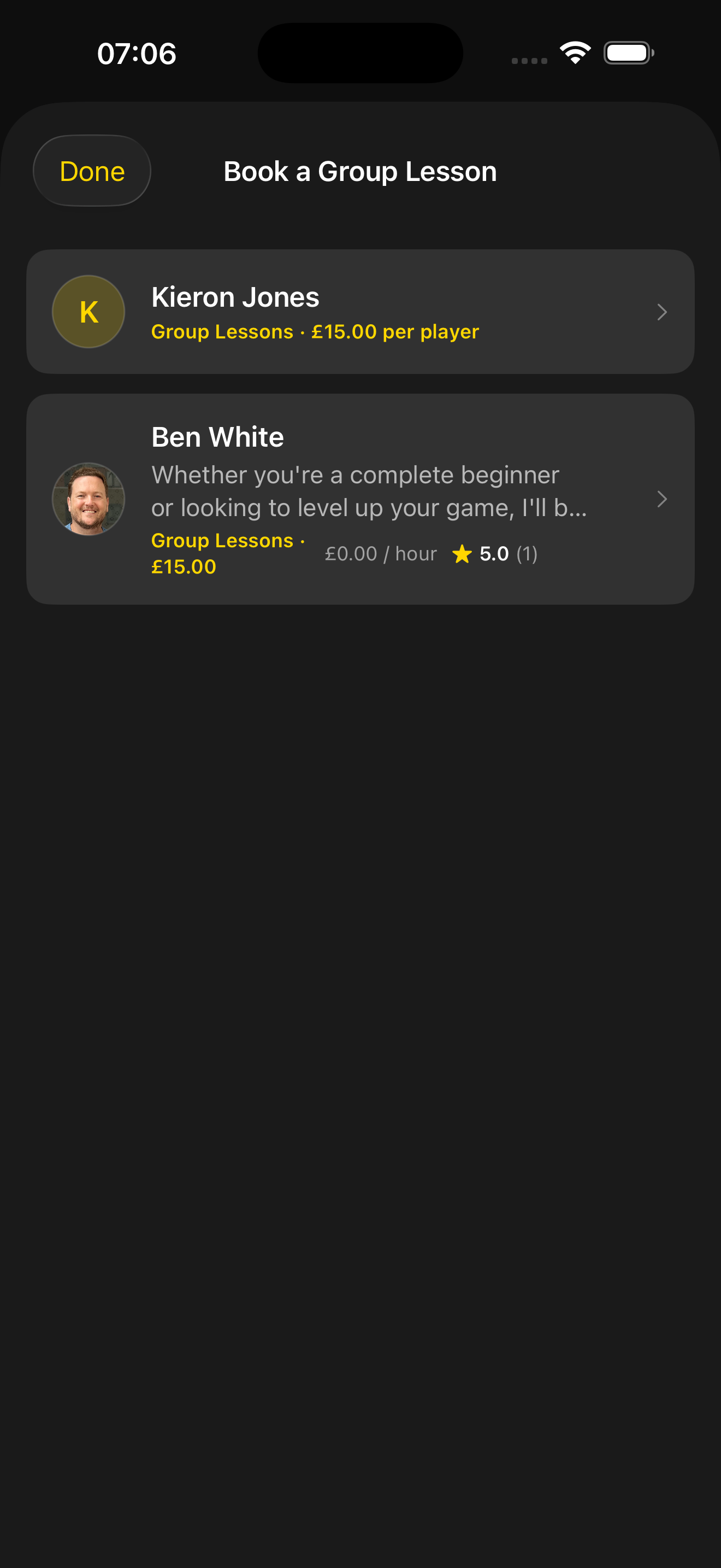 Coach list showing Group Lessons at £15 per player alongside a 1-to-1 hourly rate