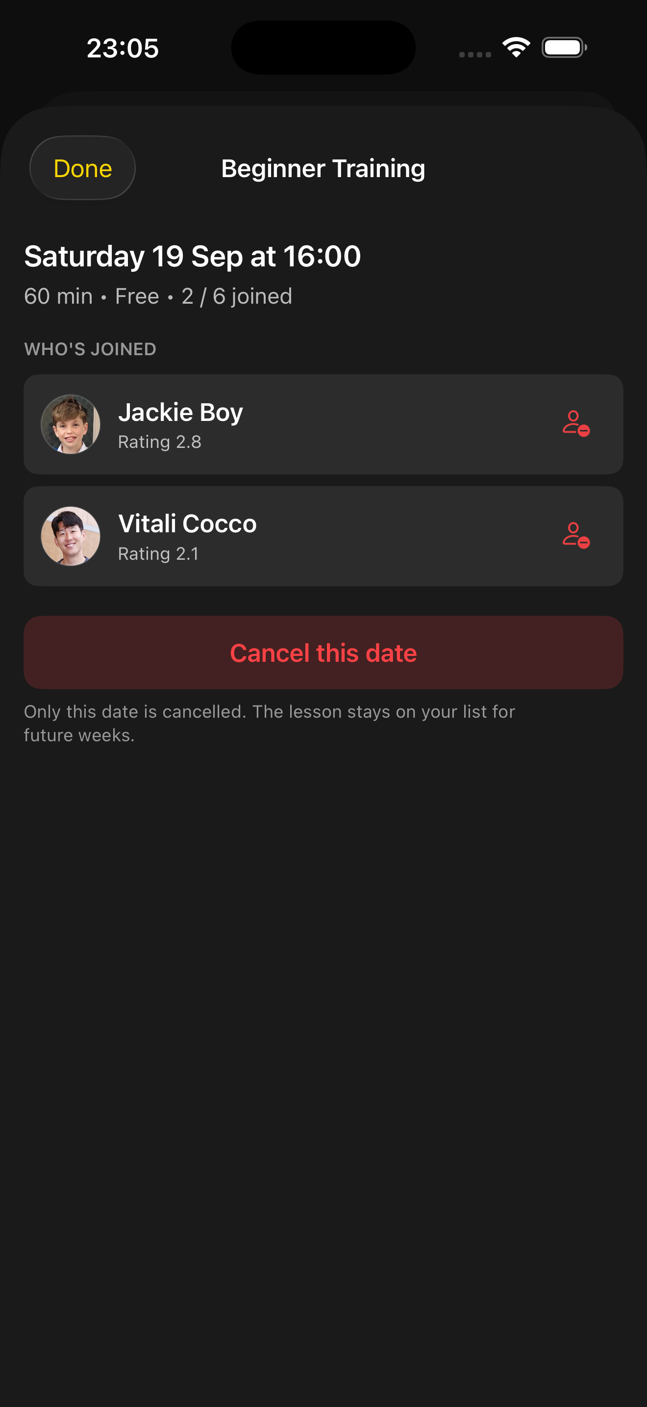 Lesson roster showing who has joined, ratings and paid status
