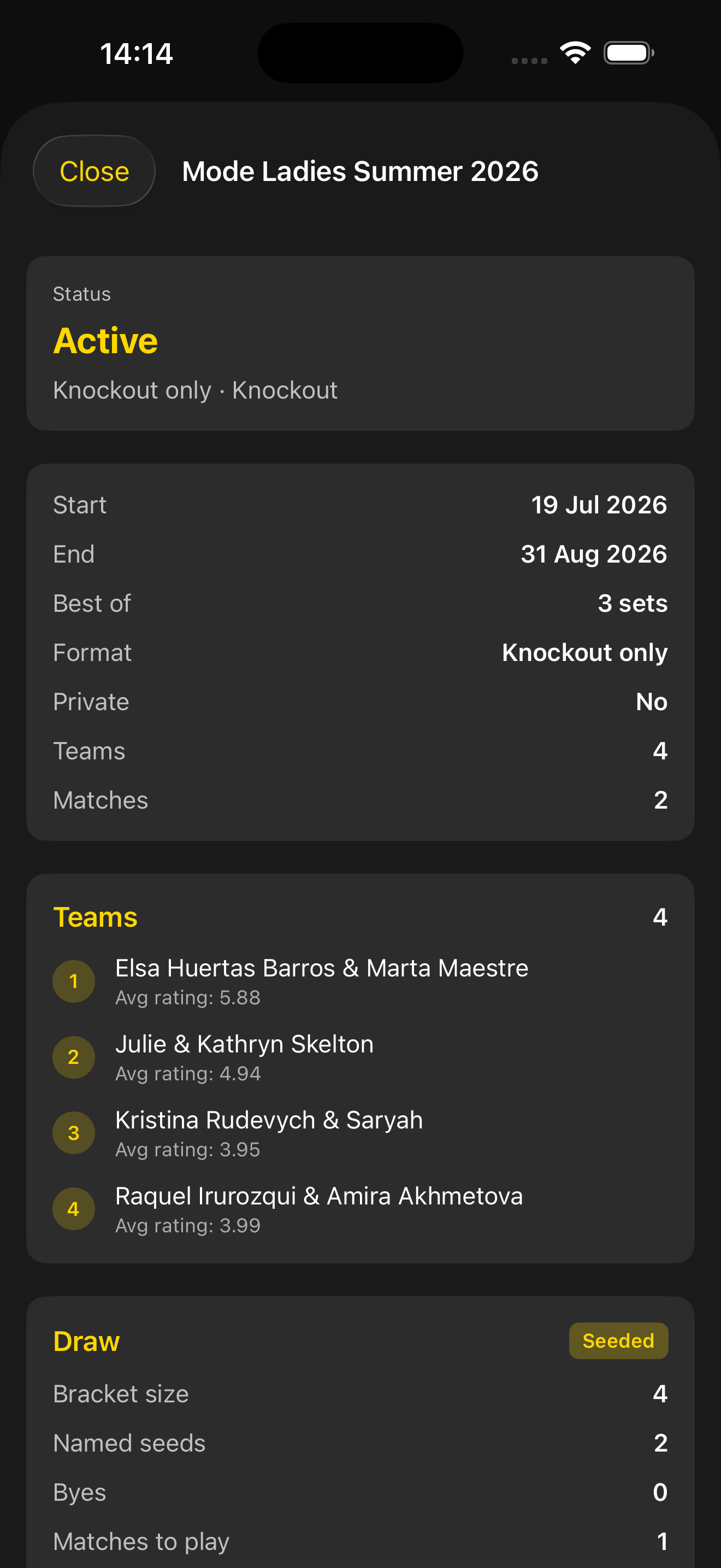 Knockout tournament in Competitions, with seeded draw and team ratings
