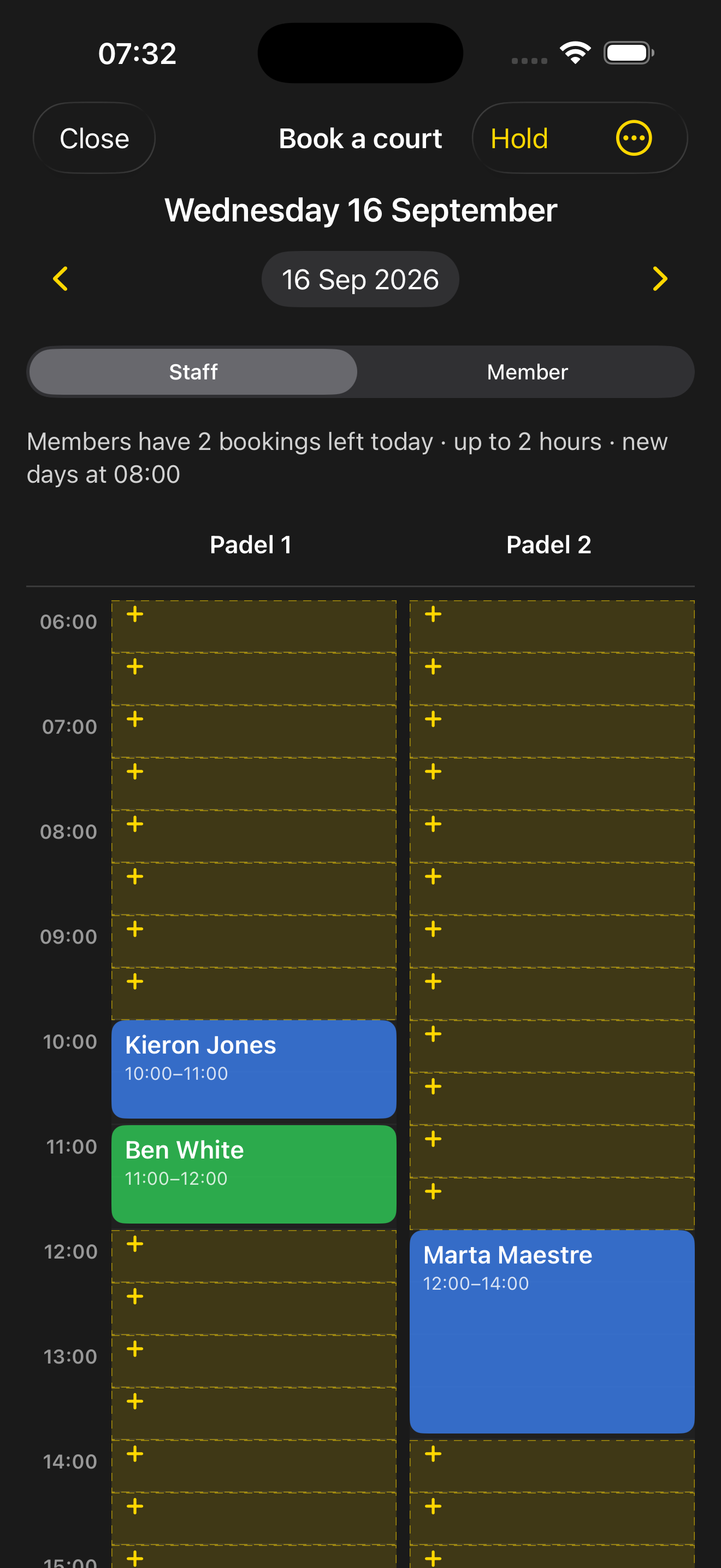 Book a court day board with free, booked and held slots across club courts