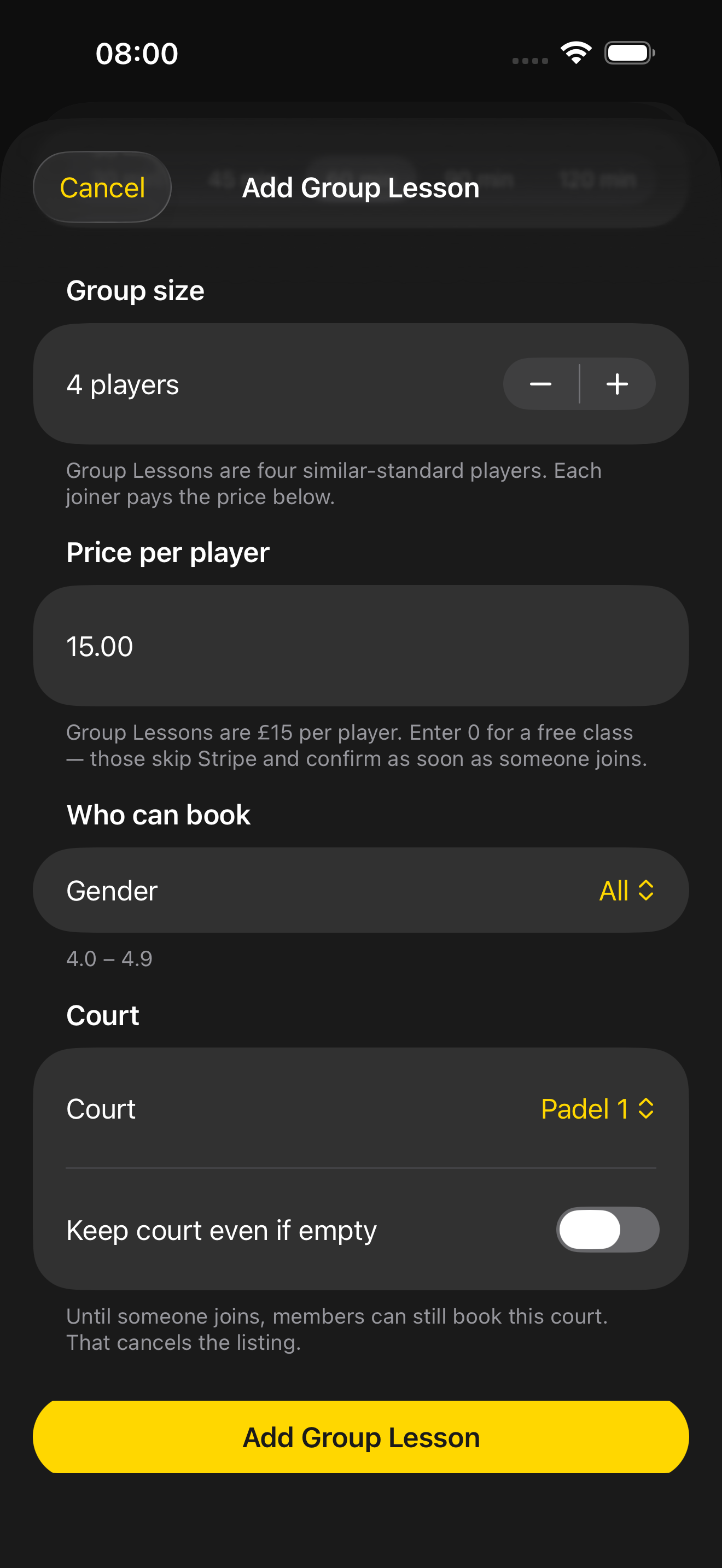 Add Group Lesson court picker with keep court even if empty
