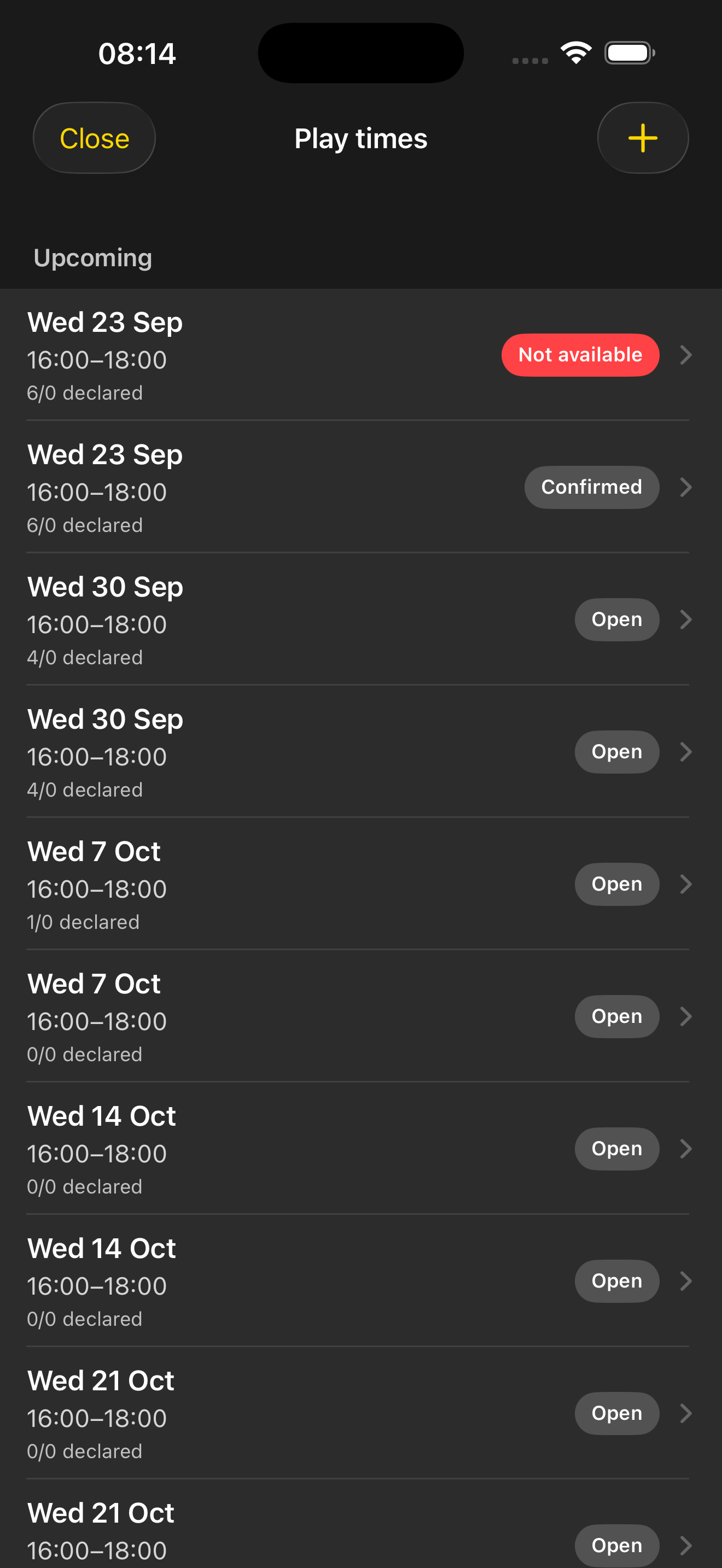 Box league play times with open, confirmed and not-available windows