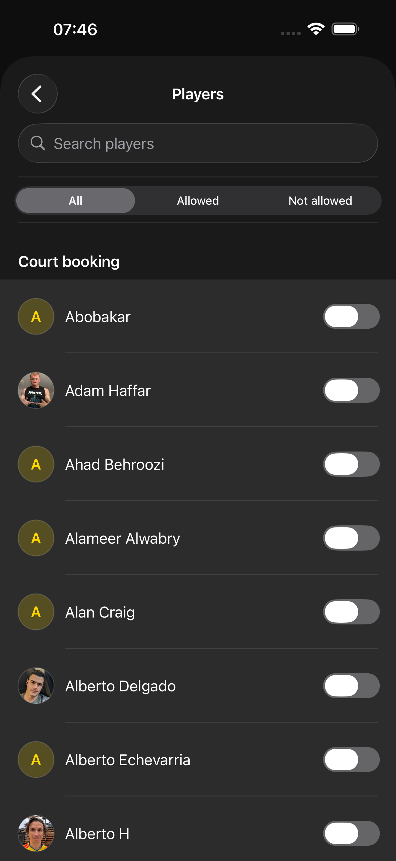 Players list with Court booking switches for who may self-serve