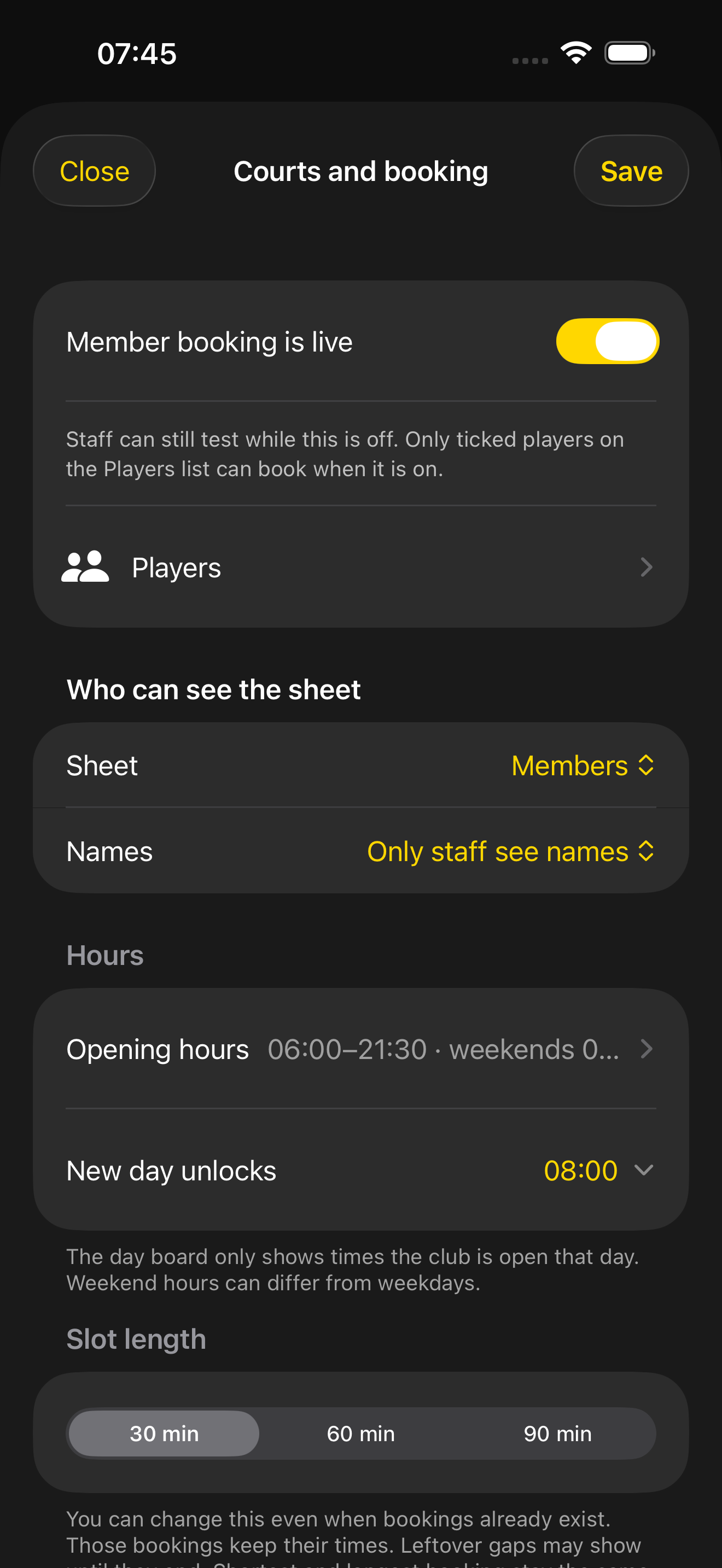 Courts and booking settings with member booking live, hours and everyone rules