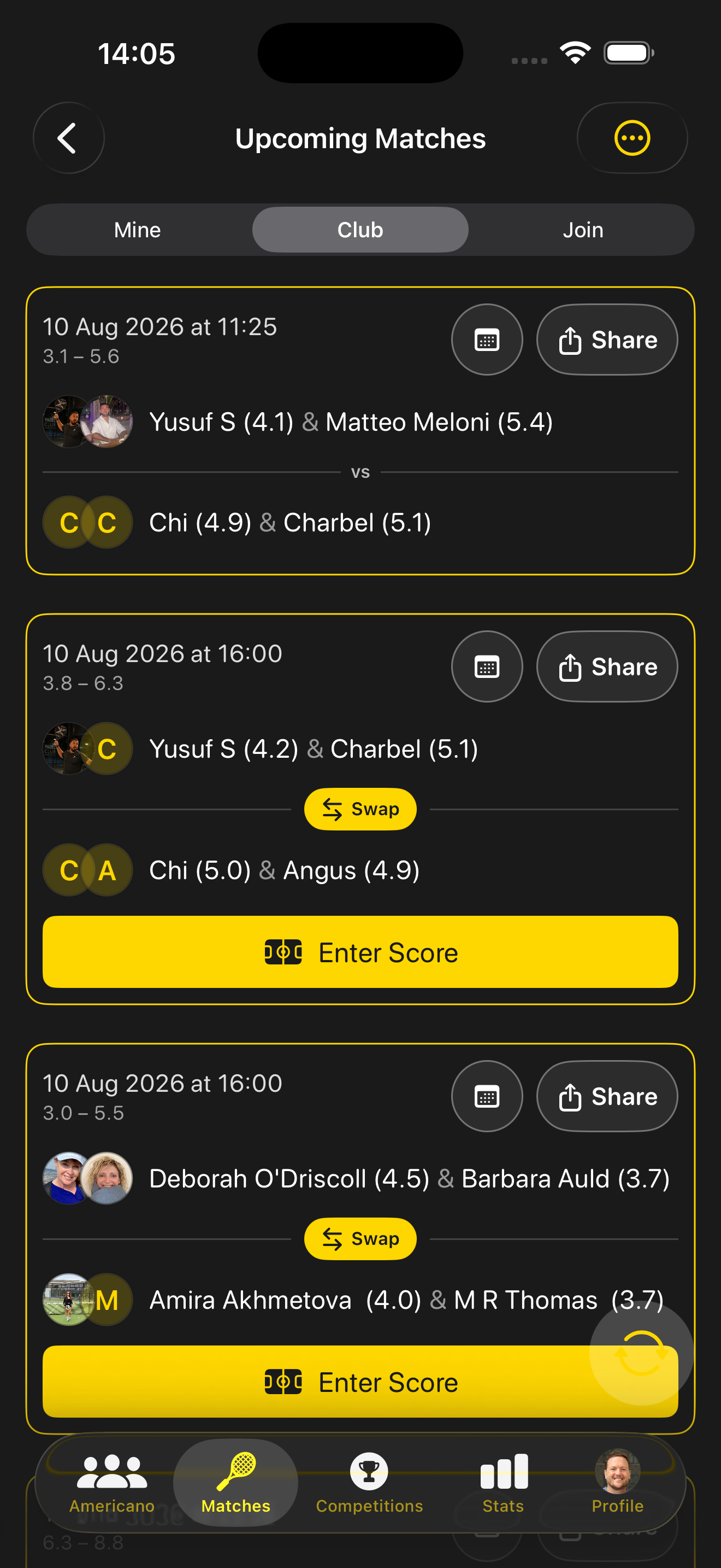 Upcoming Club fixtures list