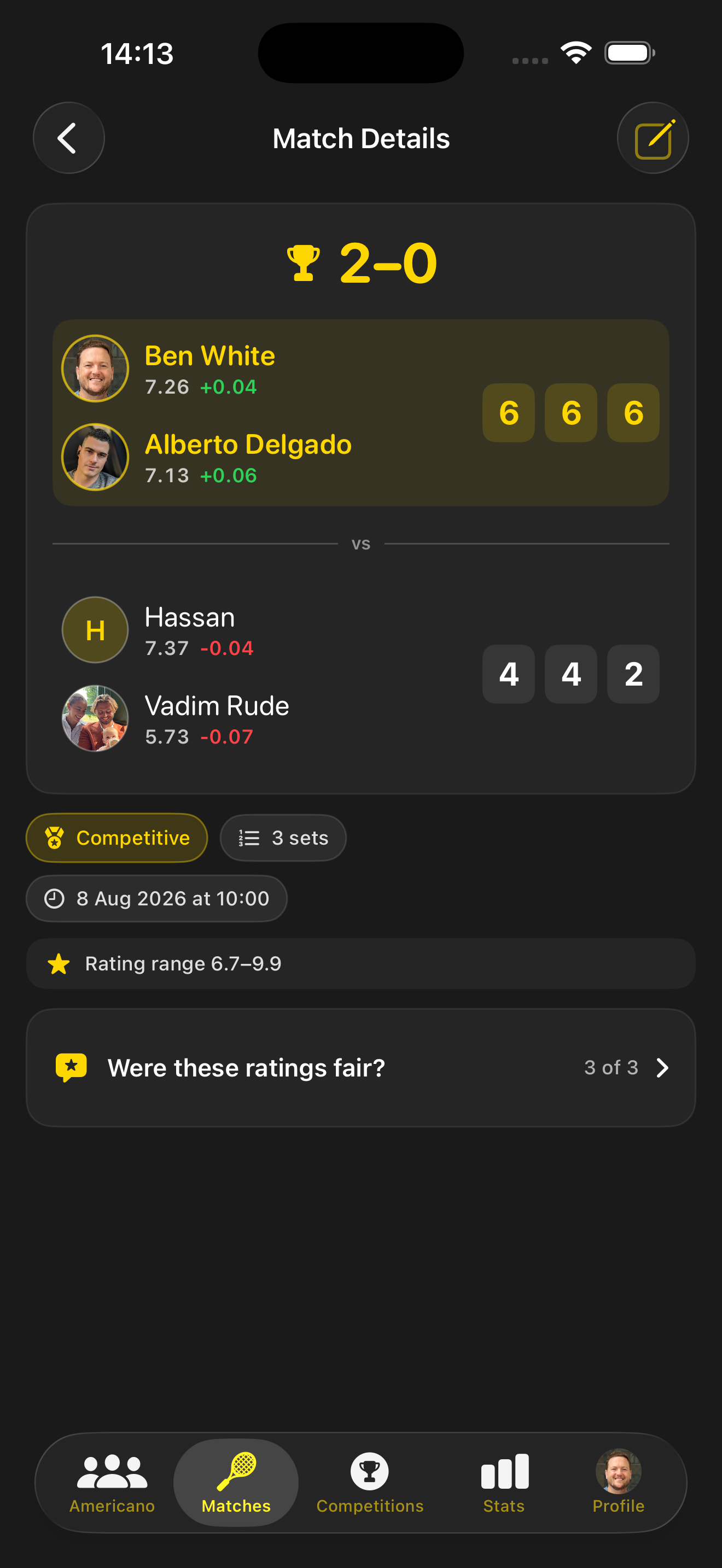 Match detail with rating deltas and peer feedback