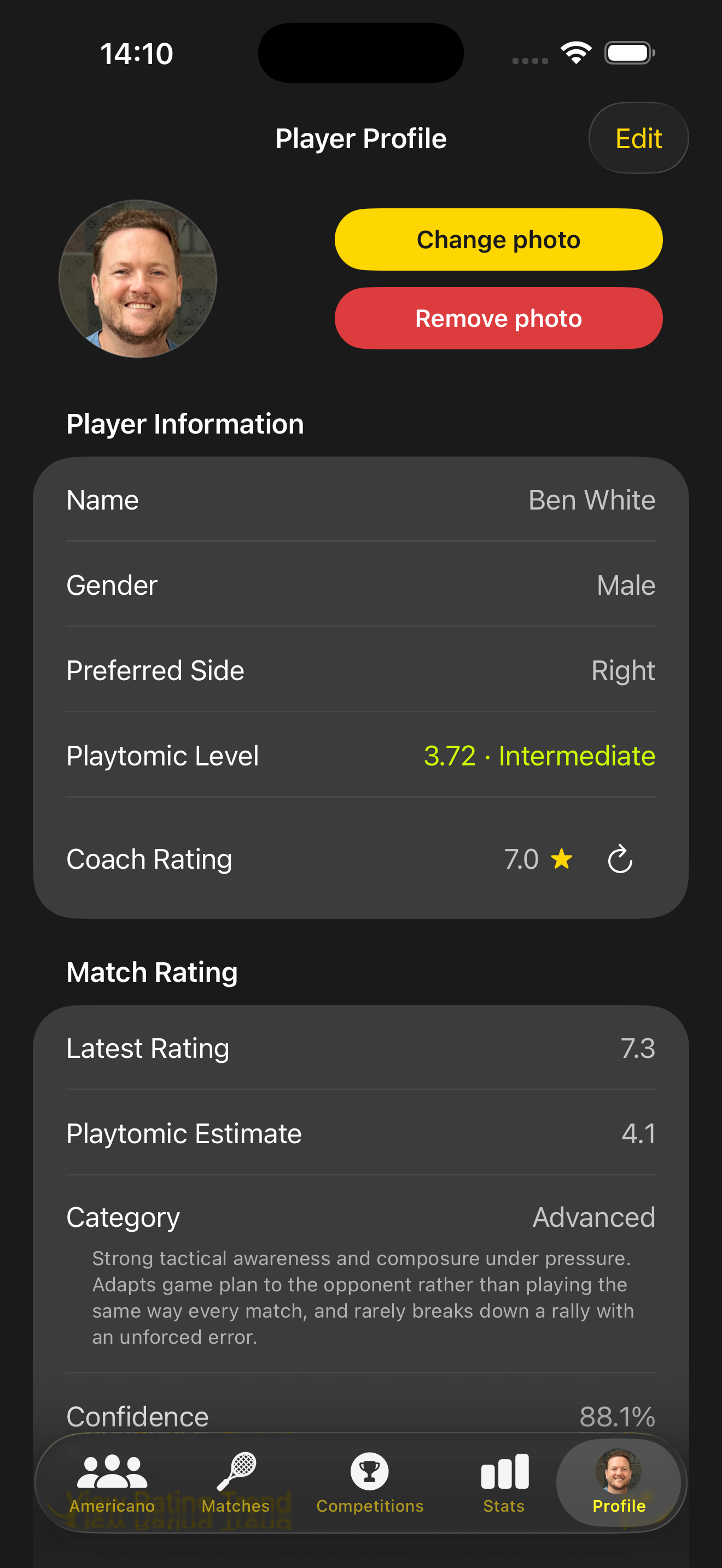 Own player profile with preferred side and ratings