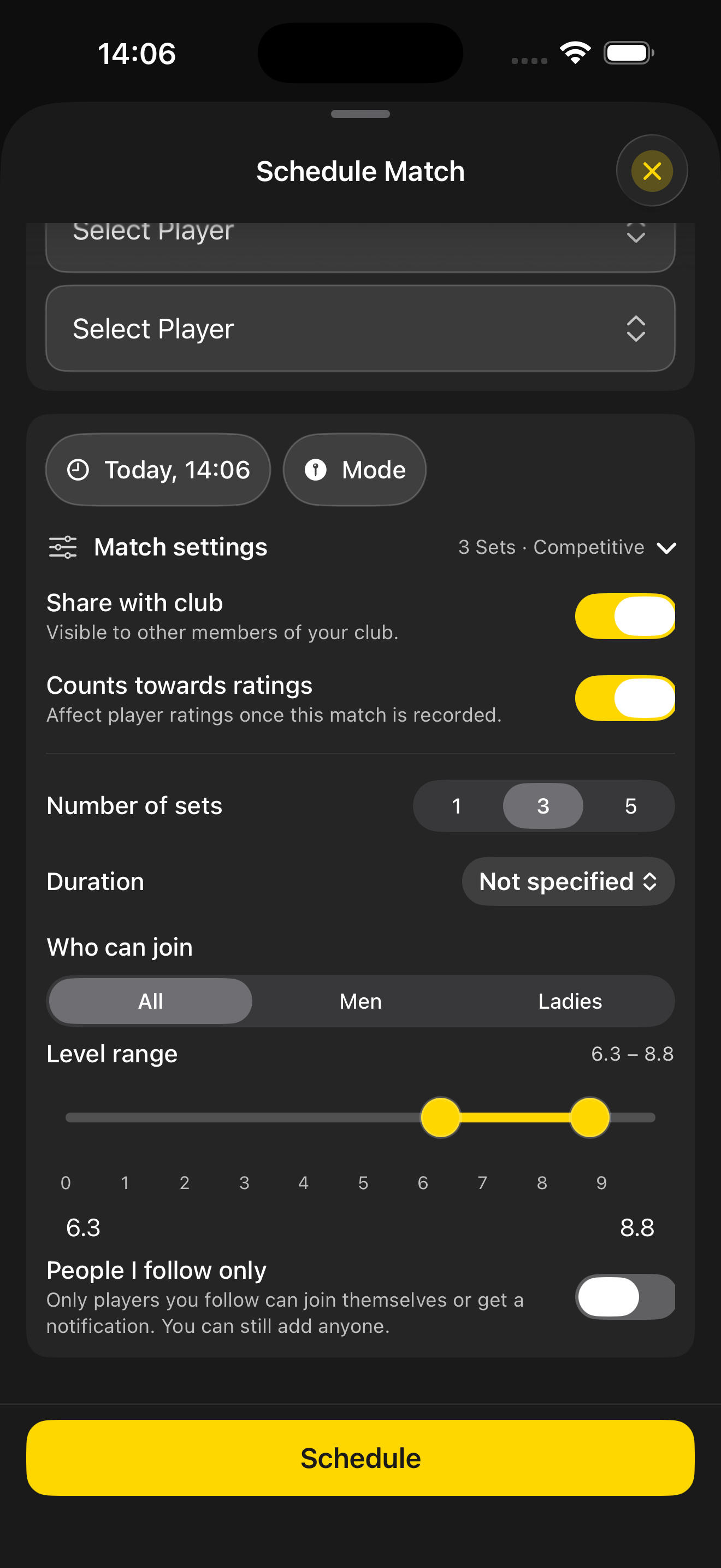 Schedule match Who can join controls